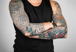 Full arm sleeve , road bicycle, black and white, color accents, fine line tattoo idea