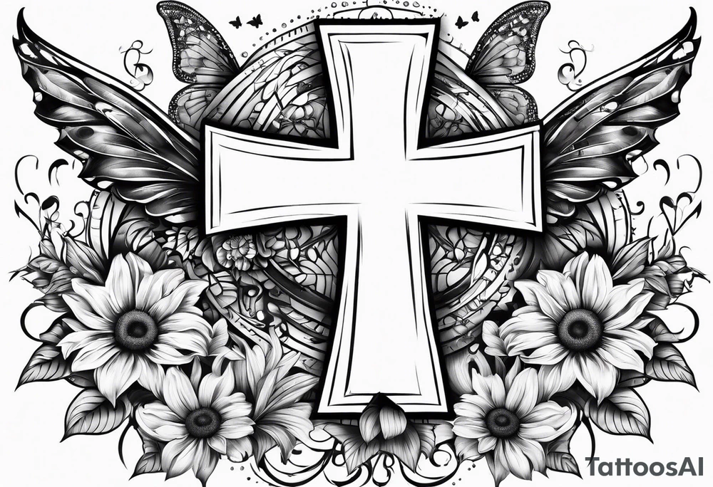 Winged cross with sunflower and butterflies tattoo idea