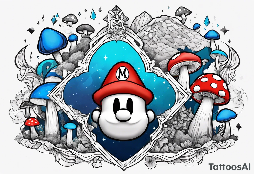 Harry potter word  with blue mushroom mario tattoo idea