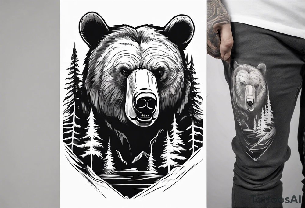 bear head right above the forest line with a lake below, full arm sleeve tattoo tattoo idea