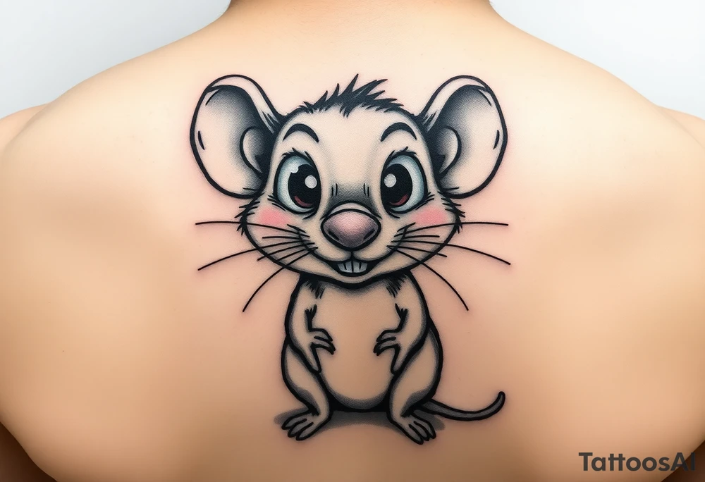 so--try it from the profile...a big head, big eyes, outside the head, big nose


Original tattoo-style illustration:

A rat standing upright

Very large, bulging eyes popping out

A cheeky / mischievous smile

Cartoon style, not baby-like

One black-and-white version + one color version

4 images in total (so you can choose the best one) 
 + this link tattoo idea
