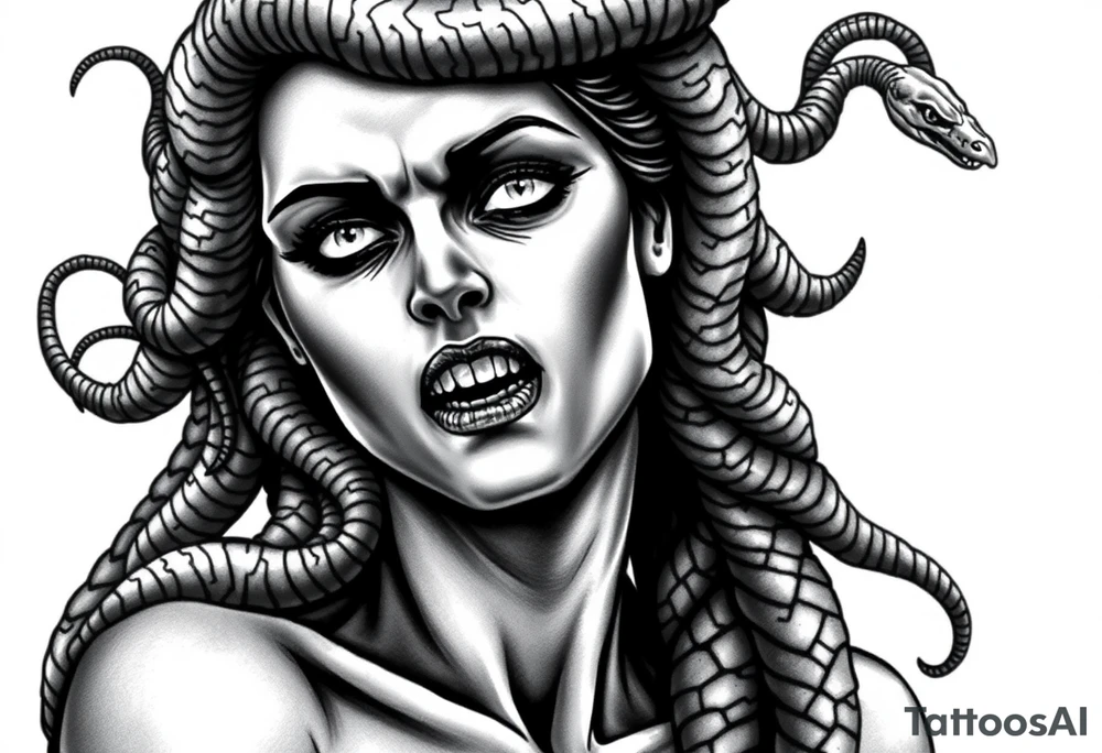 Scary Greek female god medusa with snake hairs tattoo idea