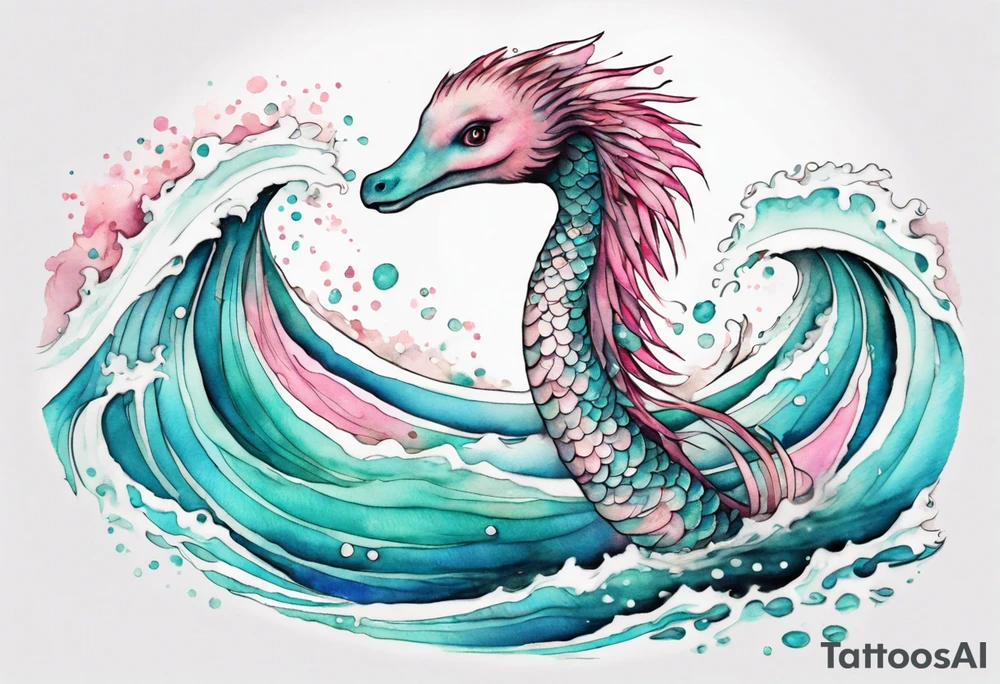 a beautiful feathered Nessie with turquoise and pink scales emerging from the waves tattoo idea