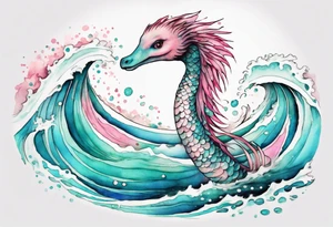 a beautiful feathered Nessie with turquoise and pink scales emerging from the waves tattoo idea