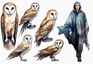 a thin man with the head of a barn owl and a medieval cloak walking at night tattoo idea