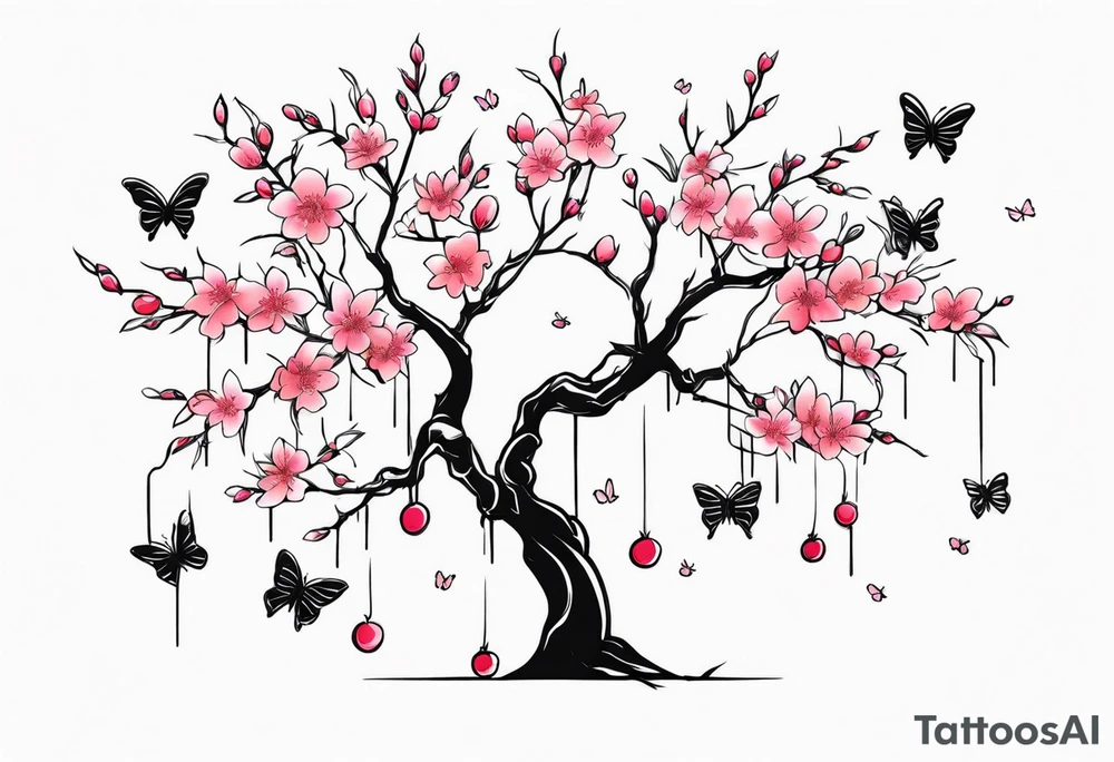 Cherry blossom weeping willow with butterflies and cocoons tattoo idea