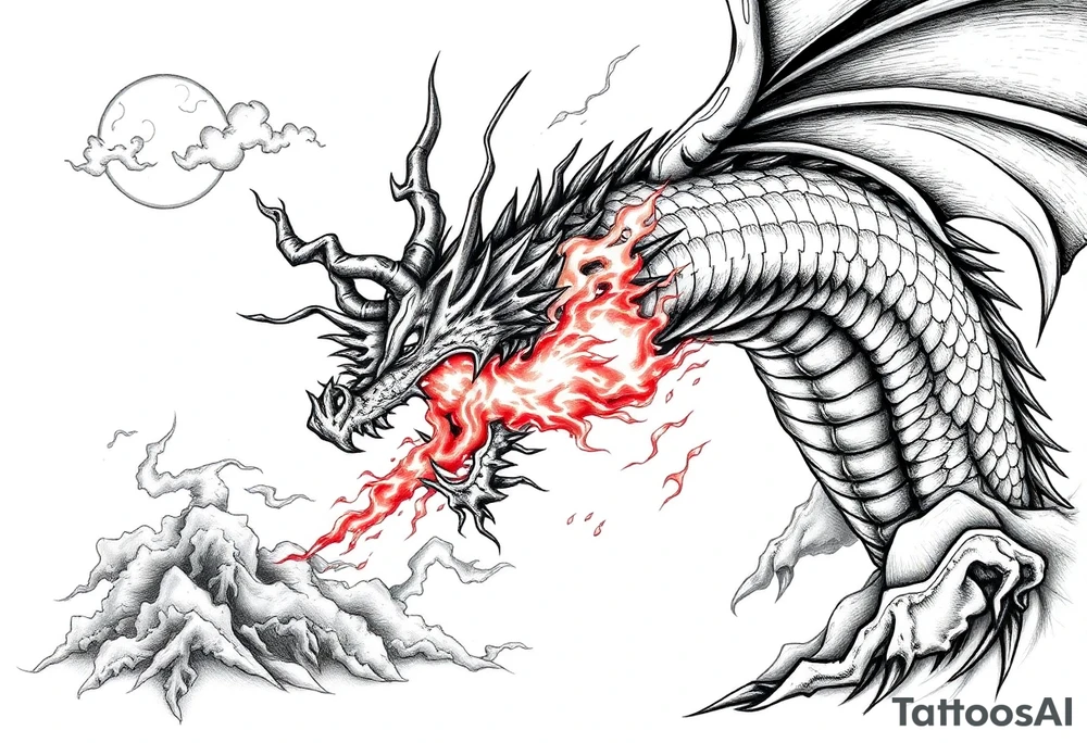 fierce dragon breathing iridescent fire against stormy skies tattoo idea