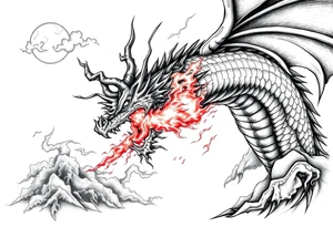 fierce dragon breathing iridescent fire against stormy skies tattoo idea