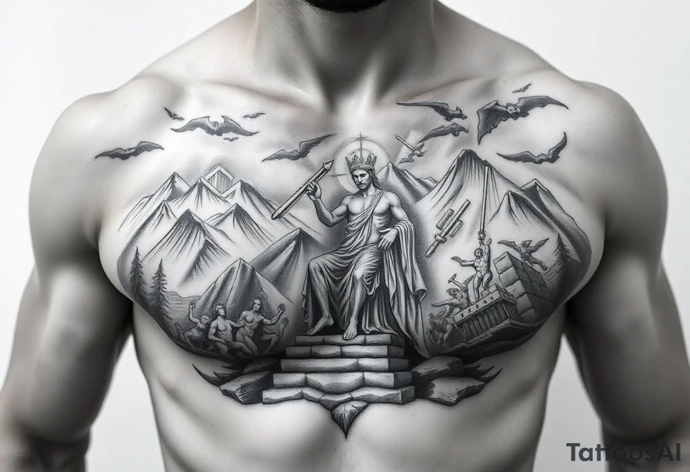 Realism Full chest peice including the Greek gods with zues on his throne looking down from the mountain casting judgement on the people add lighting and Mount Olympus and a temple and a battle scene make zues muscular add hades tattoo idea