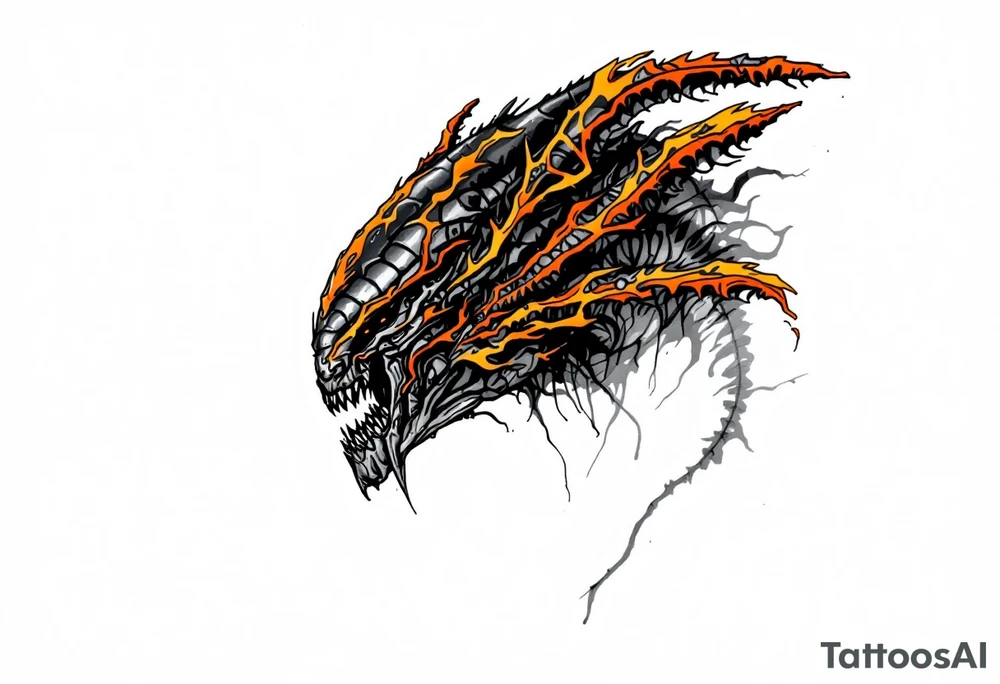 Lava Hunter Predator – A rare Yautja evolved for extreme volcanic worlds, with blackened, obsidian-like skin, magma-colored tribal scars, and a heat-resistant bio-mask with a reinforced breathing system. tattoo idea