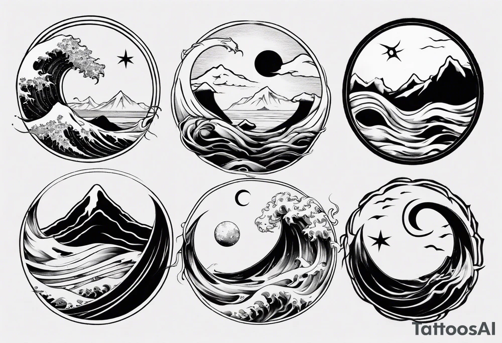 sun and moon in yin yang symbol
over ocean wave and mountains tattoo idea