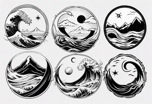 sun and moon in yin yang symbol 
over ocean wave and mountains tattoo idea