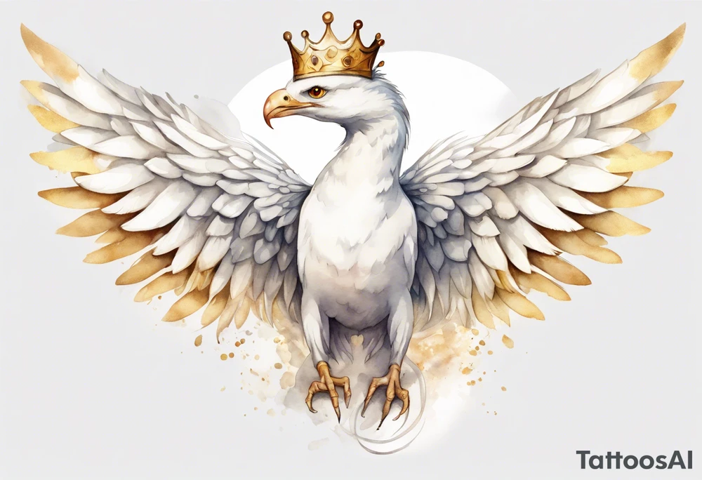 a watercolor of a white bird-serpent hybrid wearing a plain crown, with light gold wing feathers tattoo idea