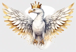 a watercolor of a white bird-serpent hybrid wearing a plain crown, with light gold wing feathers tattoo idea