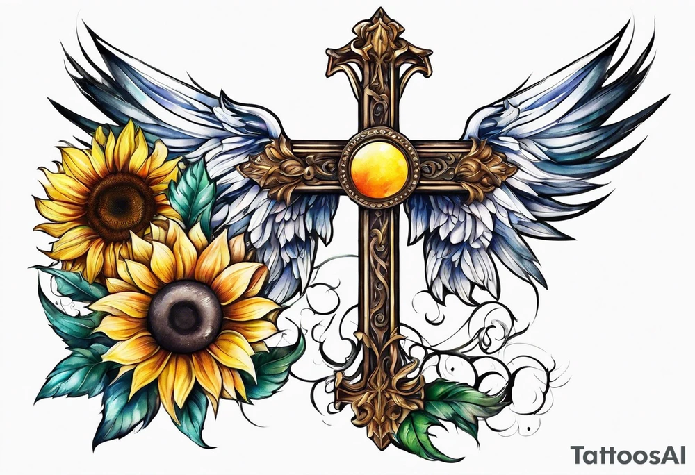 Winged cross with sunflower arm sleeve tattoo idea