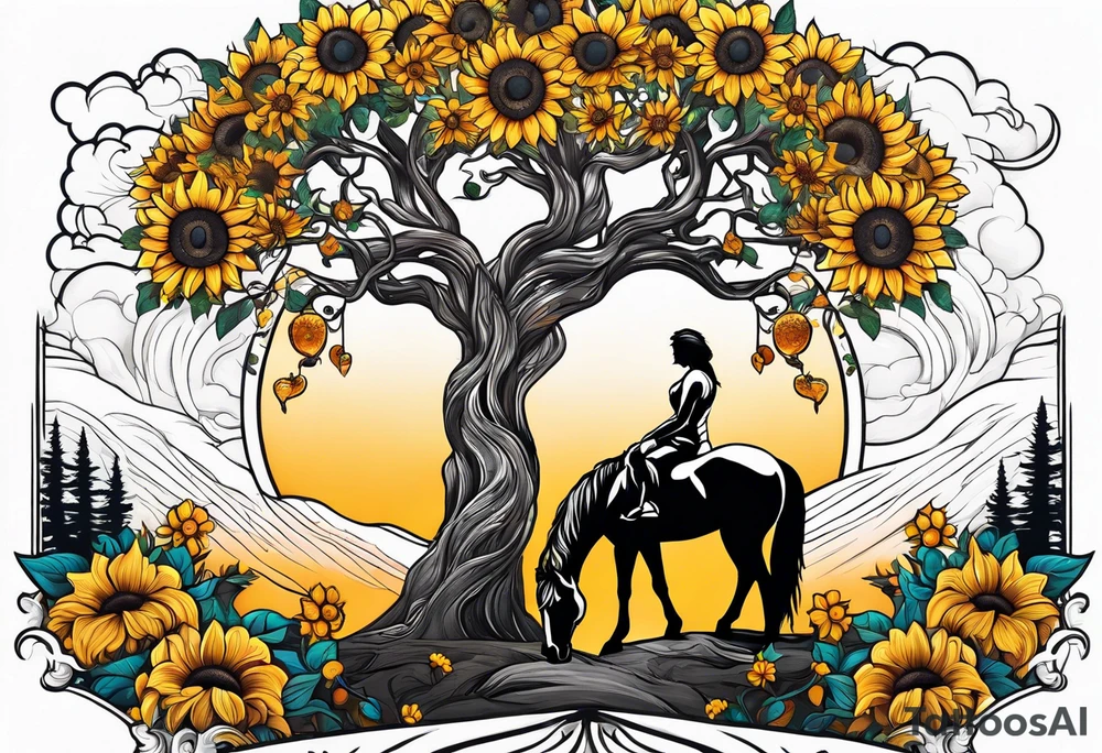 Yggdrasil tree, horse in front of it, and sunflowers tattoo idea