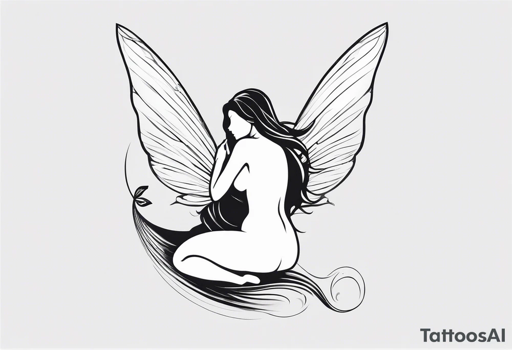 Minimalistic, monochromatic fairy with a tail flying to the left in a fetal position, leaning and looking in the same direction, with visible hands, embodying the 'Fairy Tail' logo aesthetic. tattoo idea