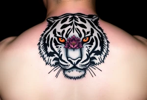 tiger with flower in the pupil of the eye bright colors trash polka tattoo idea