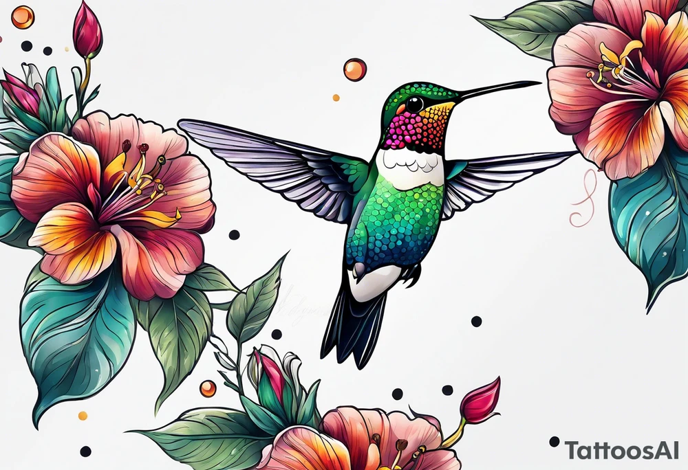 botanical, flowers, colorful, different, hummingbird, dot tattoo idea