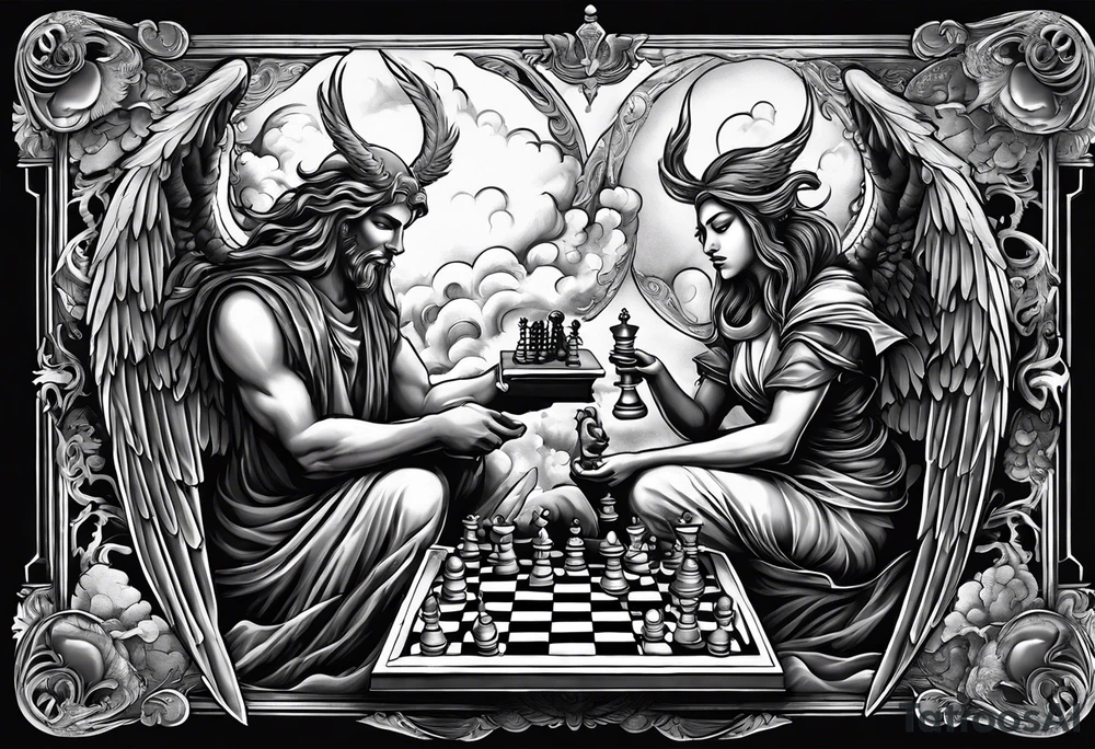 Depict an angel and demon playing chess on a board that morphs from celestial clouds to fiery inferno, representing the merging of the spiritual realms in the eternal game tattoo idea