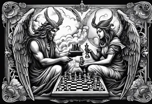Depict an angel and demon playing chess on a board that morphs from celestial clouds to fiery inferno, representing the merging of the spiritual realms in the eternal game tattoo idea
