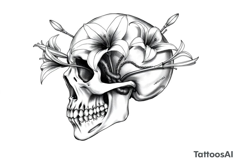 Lillies coming out of back of humanoid skull tattoo idea