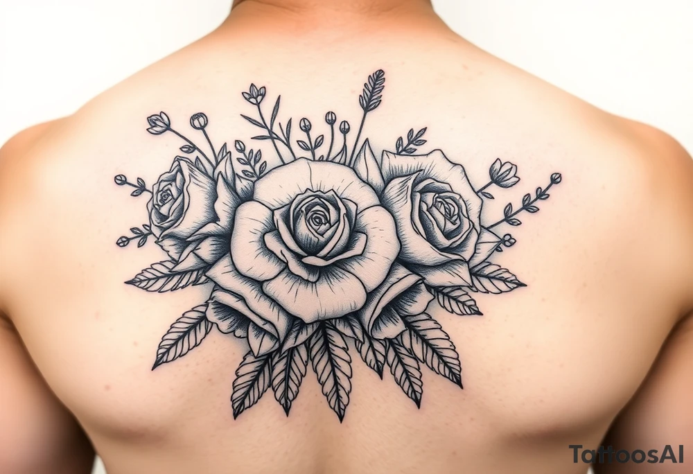 vintage bouquet of wild roses and meadow flowers with morning dew tattoo idea