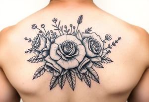 vintage bouquet of wild roses and meadow flowers with morning dew tattoo idea