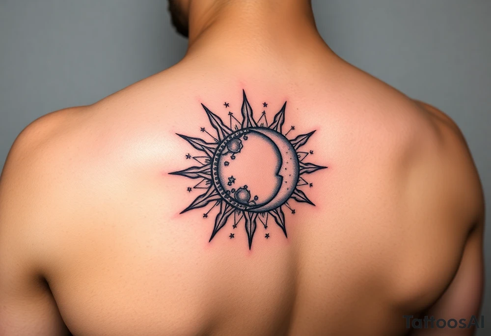 celestial sun and moon embrace with constellation patterns tattoo idea