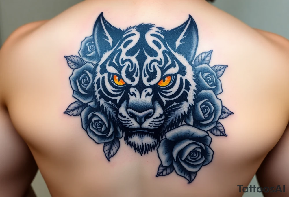 All black wold with orange eyes surrounded by blue roses tattoo idea