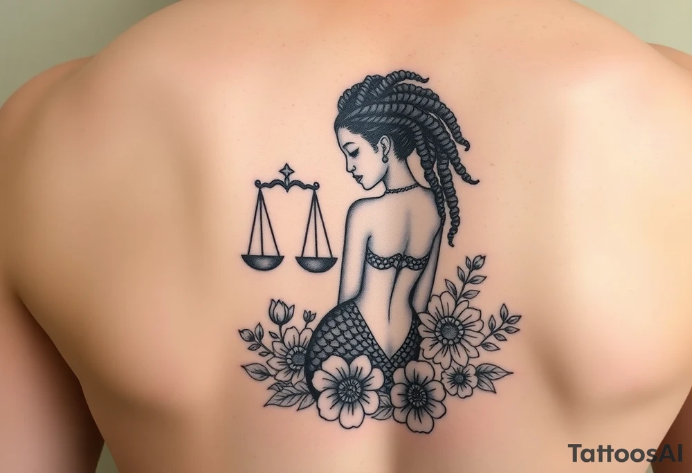 Mermaid, black woman, garden, and flowers, libra, hairstyle of loc include libra symbol tattoo idea