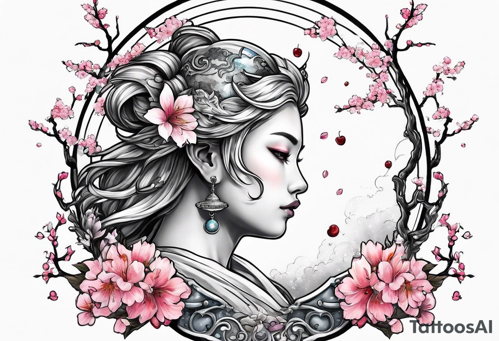 Neptune planet  with cherry blossom tattoo idea