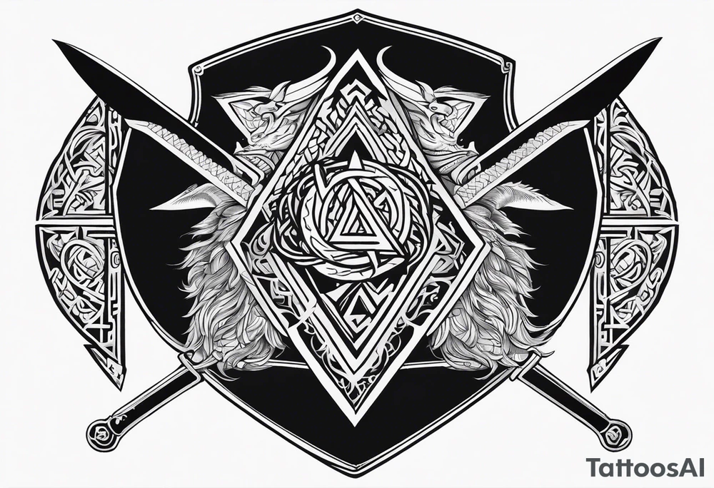 Valhalla sword shield dragon axe Valknut helm of awe tattoo idea