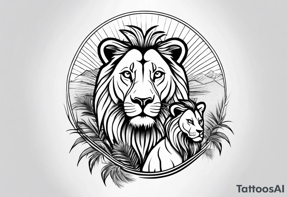 lioness and cub sun palm tree tattoo idea