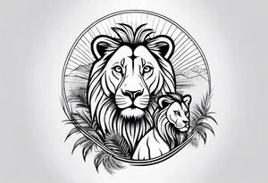 lioness and cub sun palm tree tattoo idea