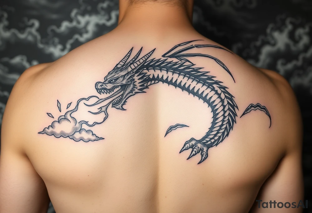fierce dragon breathing iridescent fire against stormy skies tattoo idea