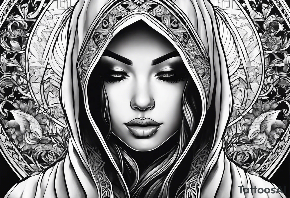 Praying woman in hood tattoo idea