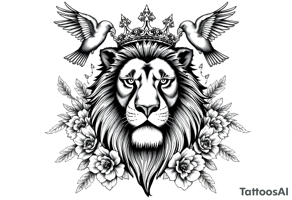 powerful majestic lion with a crown, surrounded by floral ornaments and birds tattoo idea