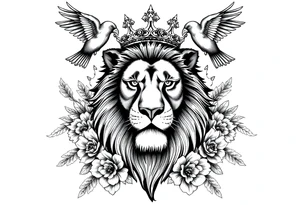 powerful majestic lion with a crown, surrounded by floral ornaments and birds tattoo idea