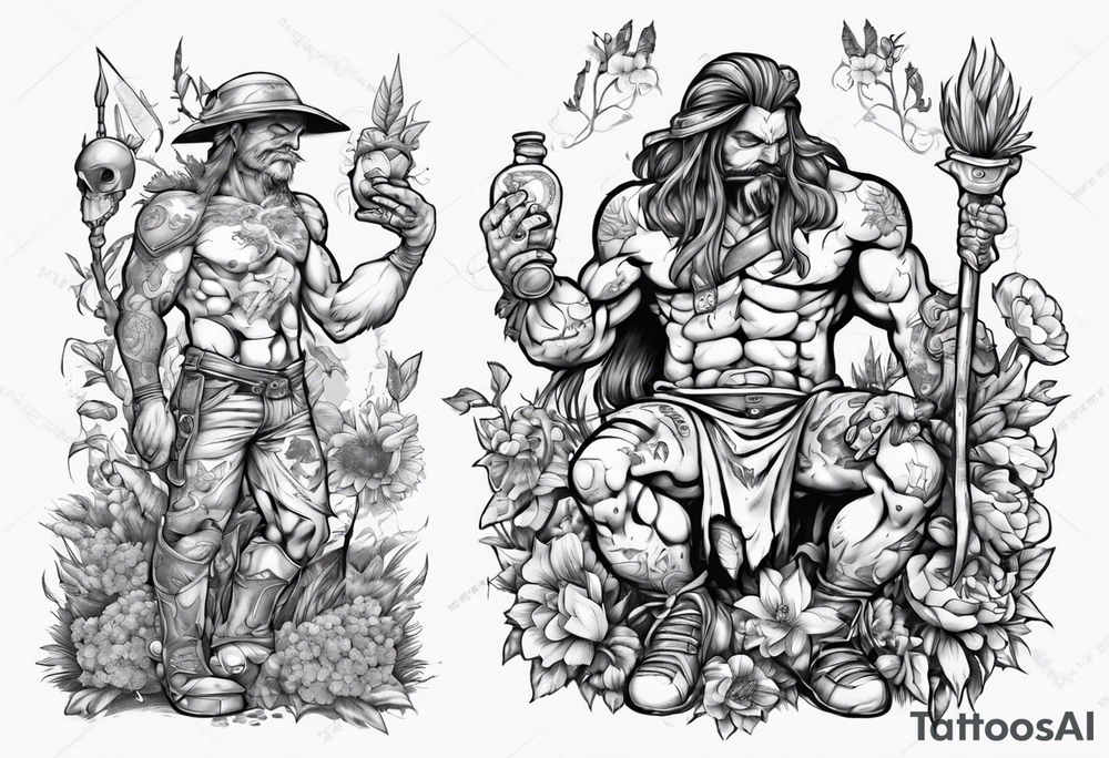 warrior in the garden feeding the weak with the world on his shoulders tattoo idea