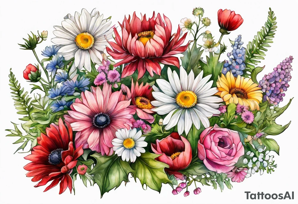 an oval of wildflowers cascading with thistles, ferns, white anemones, sun flowers, buttercups, pink flowers, red flowers, babys breath and daisies all in watercolor tattoo idea