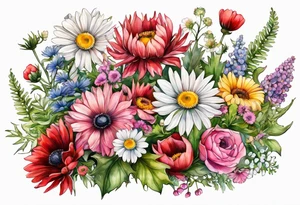 an oval of wildflowers cascading with thistles, ferns, white anemones, sun flowers, buttercups, pink flowers, red flowers, babys breath and daisies all in watercolor tattoo idea