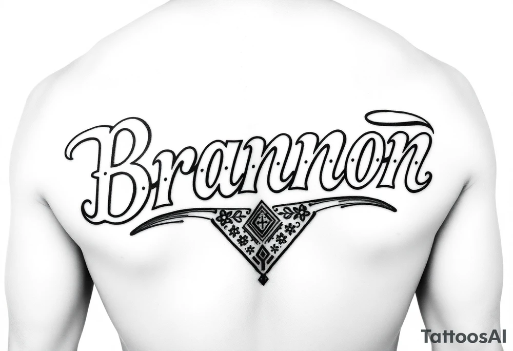 Brannon in old school Chicano lettering filled in with the traditional bandana tear drop design vertical for ribcage tattoo idea