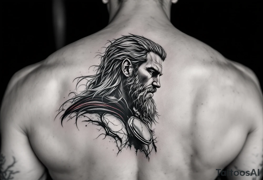 A side profile of Thor with a cracked Mjölnir hammer beside him, symbolizing his journey of loss and growth, in black and grey realism with silver detailing. tattoo idea