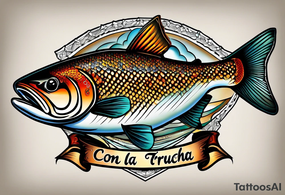 A small tattoo with a shaded trout and text that says, 'Como la trucha...' drawn with fine lines." tattoo idea