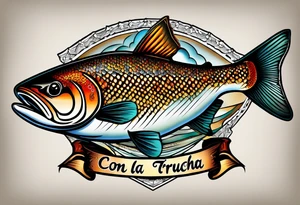 A small tattoo with a shaded trout and text that says, 'Como la trucha...' drawn with fine lines." tattoo idea