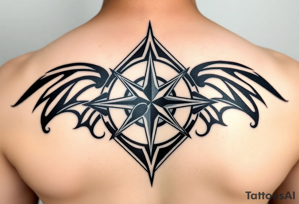 A sharp edged rip curl wave inside of an elongated diamond infront of a compass rose tattoo idea