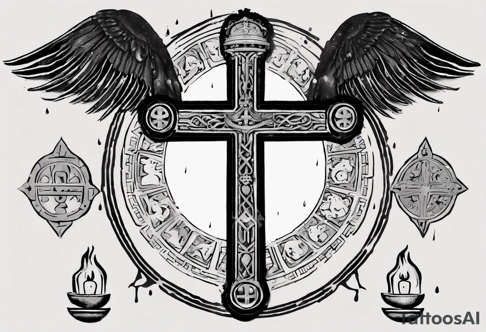 A medieval cross with an assyrian flag in the middle. A crown om top of the cross. The assyrian king Sennacherib. A sun and a moon. A cloud with rain and thunder. charizard. an imperfect cirkle. a candle. a swan. lemons. the god asshur with wings. an ankh. angel wings with a halo. surrounded by olive branches and feathers. all black and white. no shadowing. tattoo idea