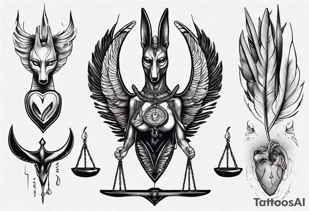 heart and feather on scales anubis weighing of the souls tattoo idea
