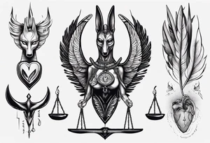 heart and feather on scales anubis weighing of the souls tattoo idea